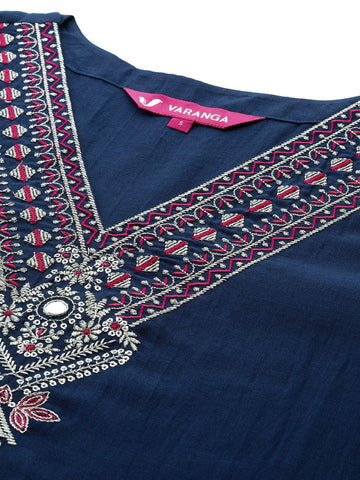 Varanga Women Blue Embroidered Straight Kurta Paired With Tonal Embroidered Bottom And With Tonal Chiffon Dotted Dupatta